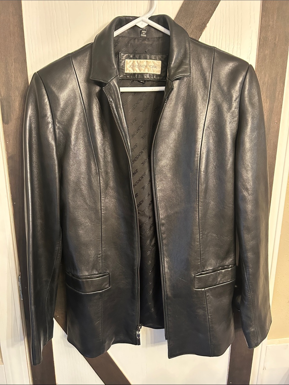 Jones New York Black Leather Zip-Up Blazer